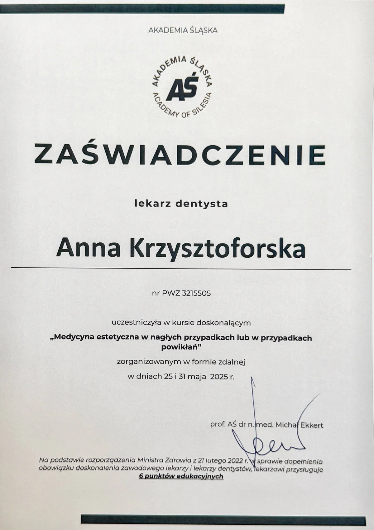 Zaświadczenie — medycyna estetyczna w nagłych przypadkach lub w przypadkach powikłań